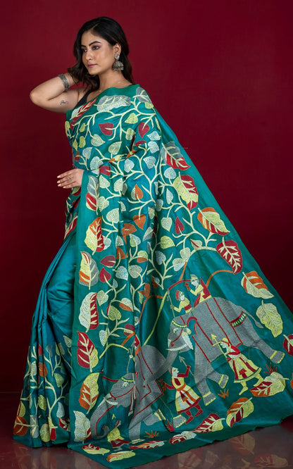 Hand Embroidery Kantha Stitch Work Pure Silk Saree in Rama Green.