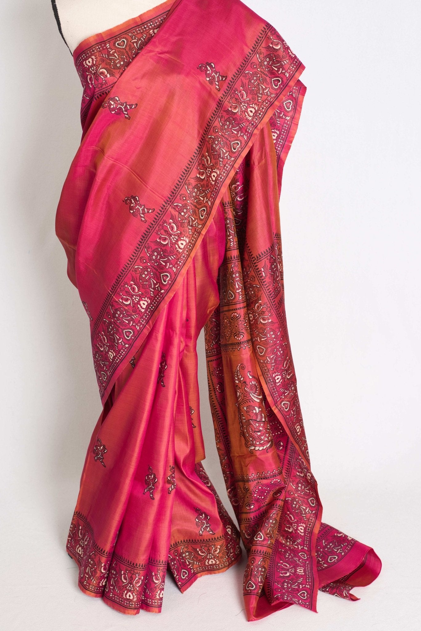 Kasturi : Bishnupur Katan Silk Printed Baluchari Saree in a Dual Shade of Pink - Saree Mandi