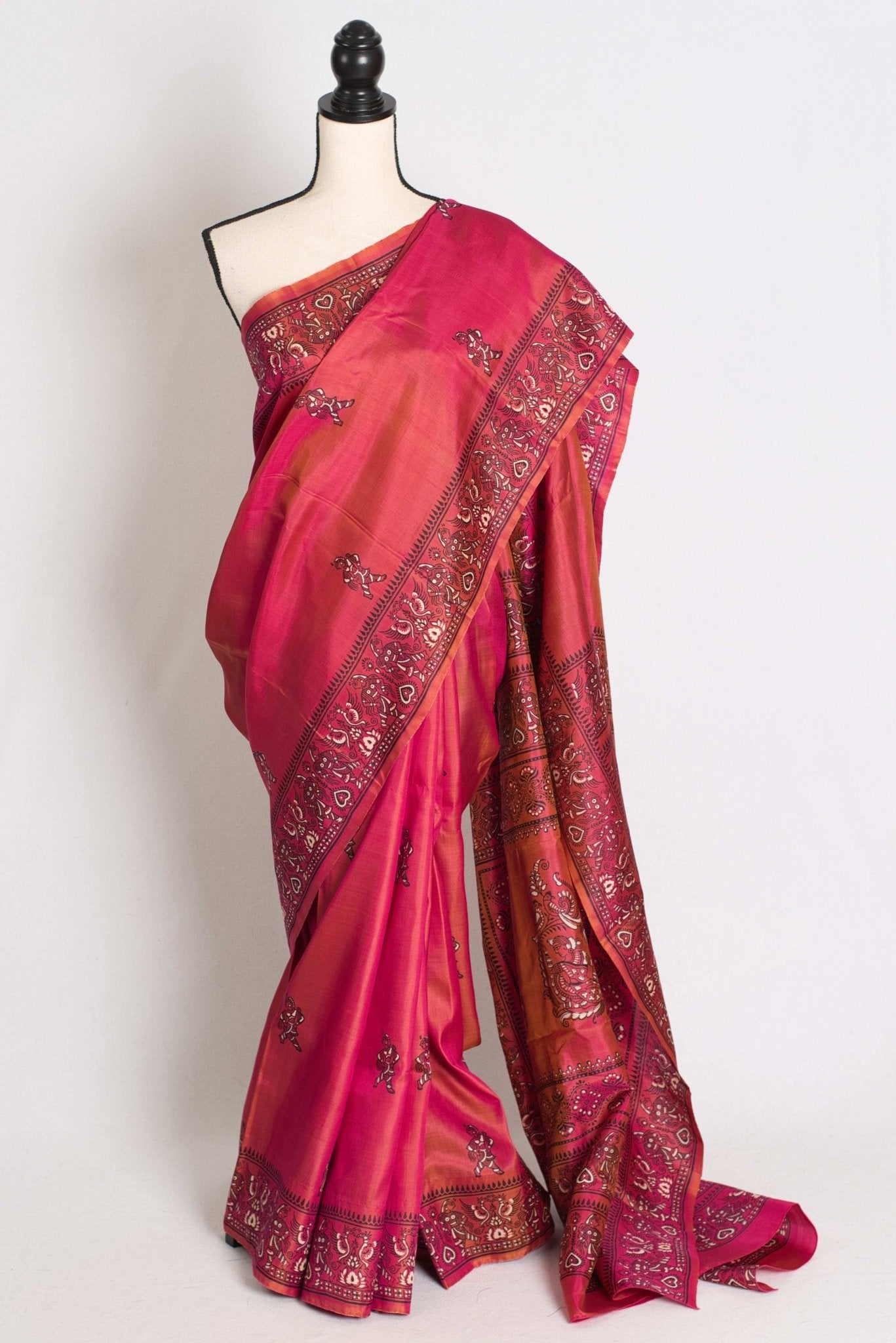 Kasturi : Bishnupur Katan Silk Printed Baluchari Saree in a Dual Shade of Pink - Saree Mandi