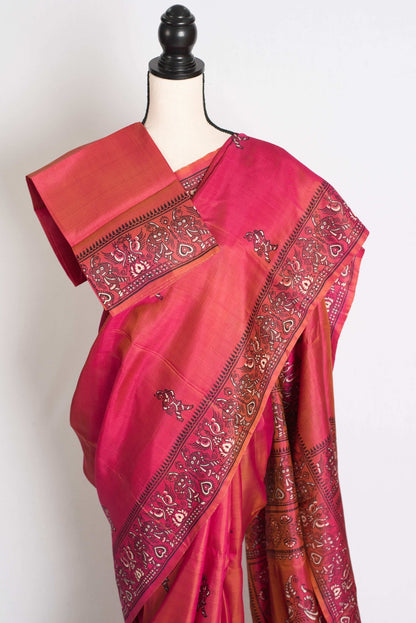 Kasturi : Bishnupur Katan Silk Printed Baluchari Saree in a Dual Shade of Pink - Saree Mandi