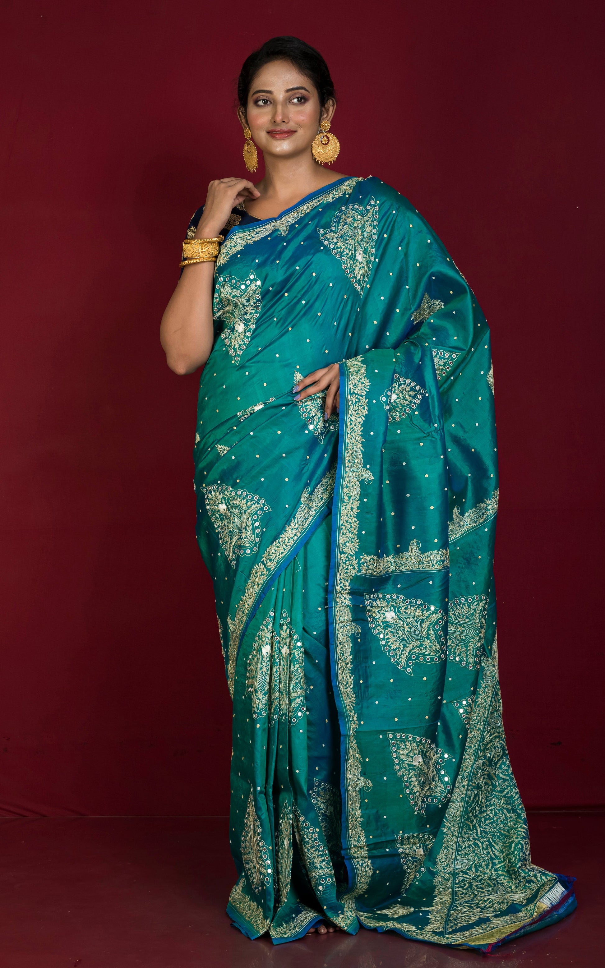 Hand Embroidery Kashmiri Work in Pure Bishnupuri Silk Saree in Seagreen, Off White and Beige