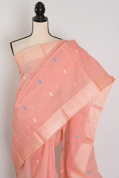 Katha : Pure Cotton Bengal Jamdani Saree in Peach with Tussar Silk Border - Saree Mandi