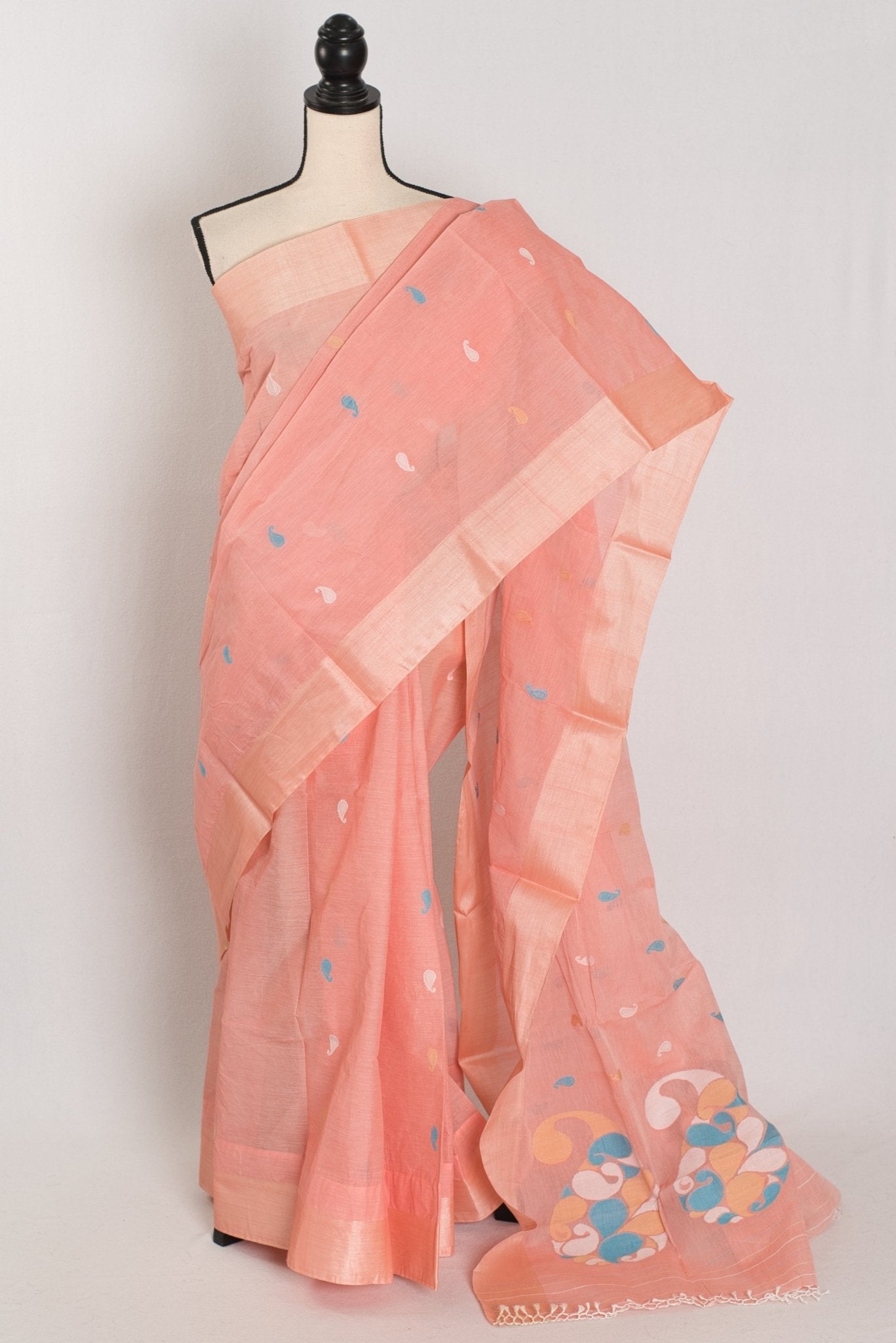 Katha : Pure Cotton Bengal Jamdani Saree in Peach with Tussar Silk Border - Saree Mandi