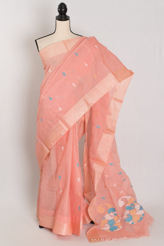 Katha : Pure Cotton Bengal Jamdani Saree in Peach with Tussar Silk Border - Saree Mandi