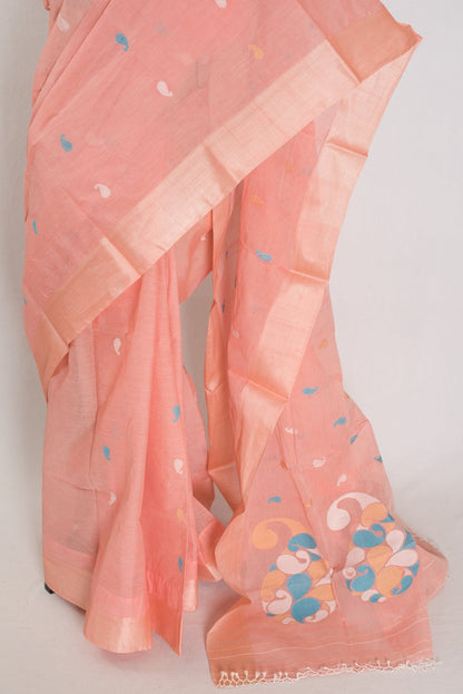Katha : Pure Cotton Bengal Jamdani Saree in Peach with Tussar Silk Border - Saree Mandi