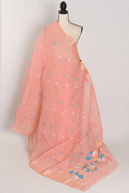 Katha : Pure Cotton Bengal Jamdani Saree in Peach with Tussar Silk Border - Saree Mandi