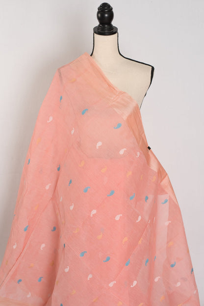 Katha : Pure Cotton Bengal Jamdani Saree in Peach with Tussar Silk Border - Saree Mandi