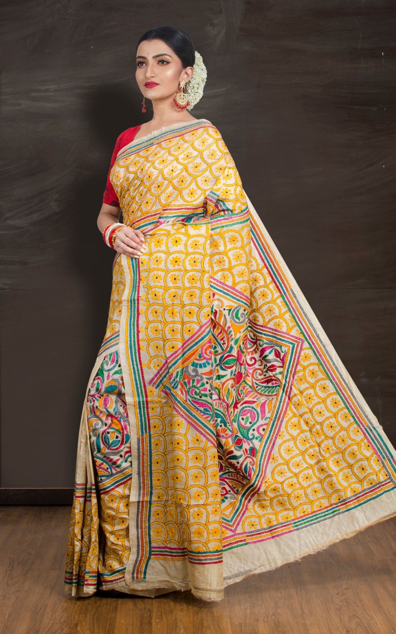 Katha : Silk Mark Pure Tussar Silk Kantha Stitch Saree | Hand Embroidered - Saree Mandi