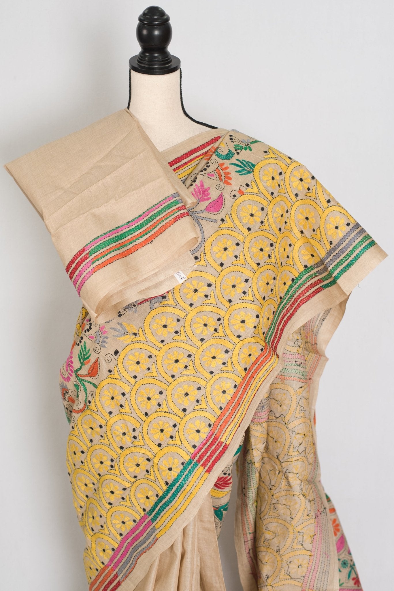 Katha : Silk Mark Pure Tussar Silk Kantha Stitch Saree | Hand Embroidered - Saree Mandi