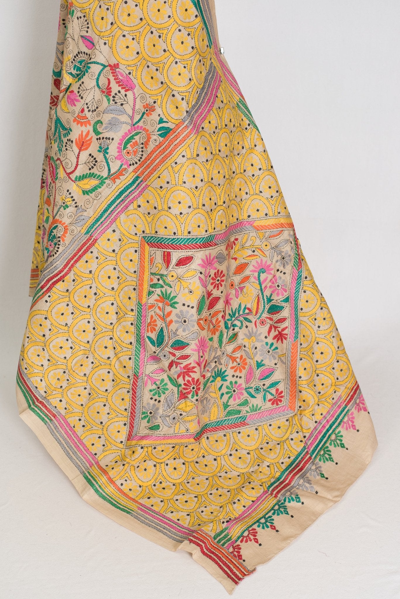 Katha : Silk Mark Pure Tussar Silk Kantha Stitch Saree | Hand Embroidered - Saree Mandi