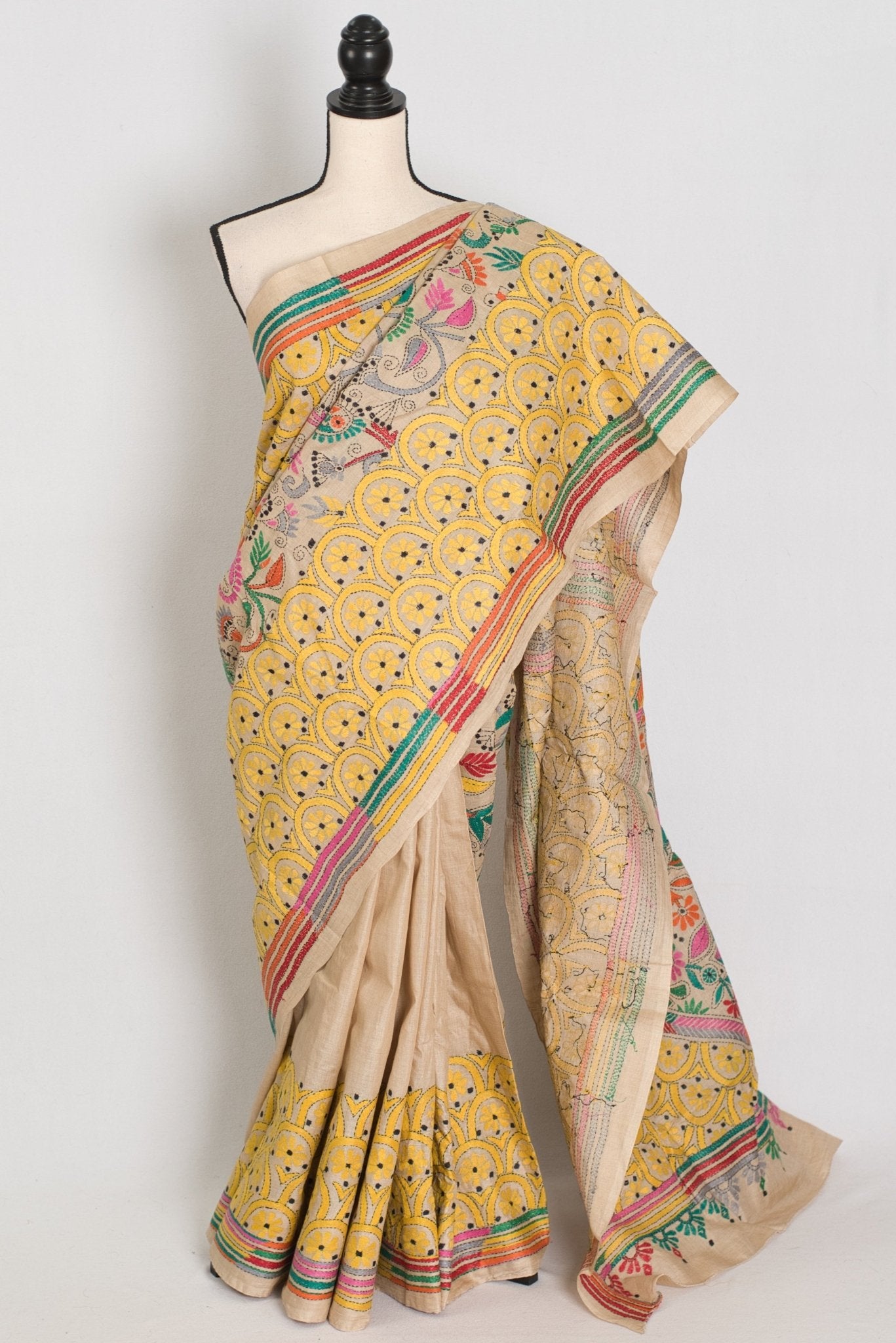 Katha : Silk Mark Pure Tussar Silk Kantha Stitch Saree | Hand Embroidered - Saree Mandi