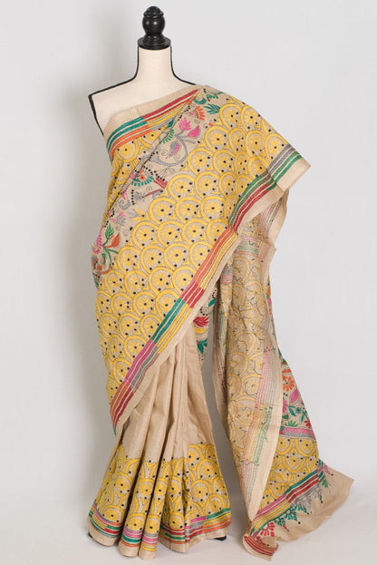 Katha : Silk Mark Pure Tussar Silk Kantha Stitch Saree | Hand Embroidered - Saree Mandi