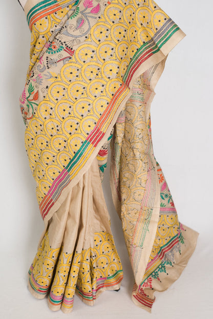 Katha : Silk Mark Pure Tussar Silk Kantha Stitch Saree | Hand Embroidered - Saree Mandi