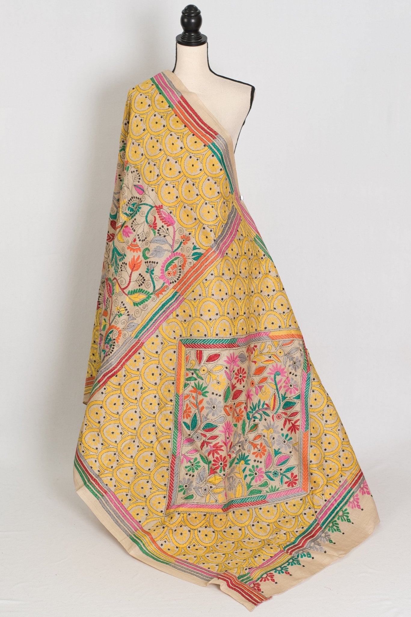 Katha : Silk Mark Pure Tussar Silk Kantha Stitch Saree | Hand Embroidered - Saree Mandi