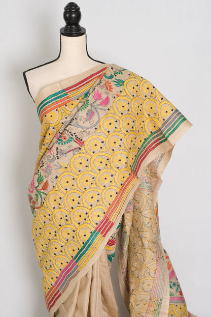 Katha : Silk Mark Pure Tussar Silk Kantha Stitch Saree | Hand Embroidered - Saree Mandi