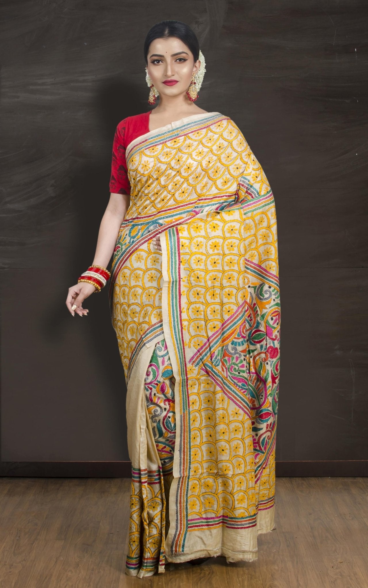 Katha : Silk Mark Pure Tussar Silk Kantha Stitch Saree | Hand Embroidered - Saree Mandi