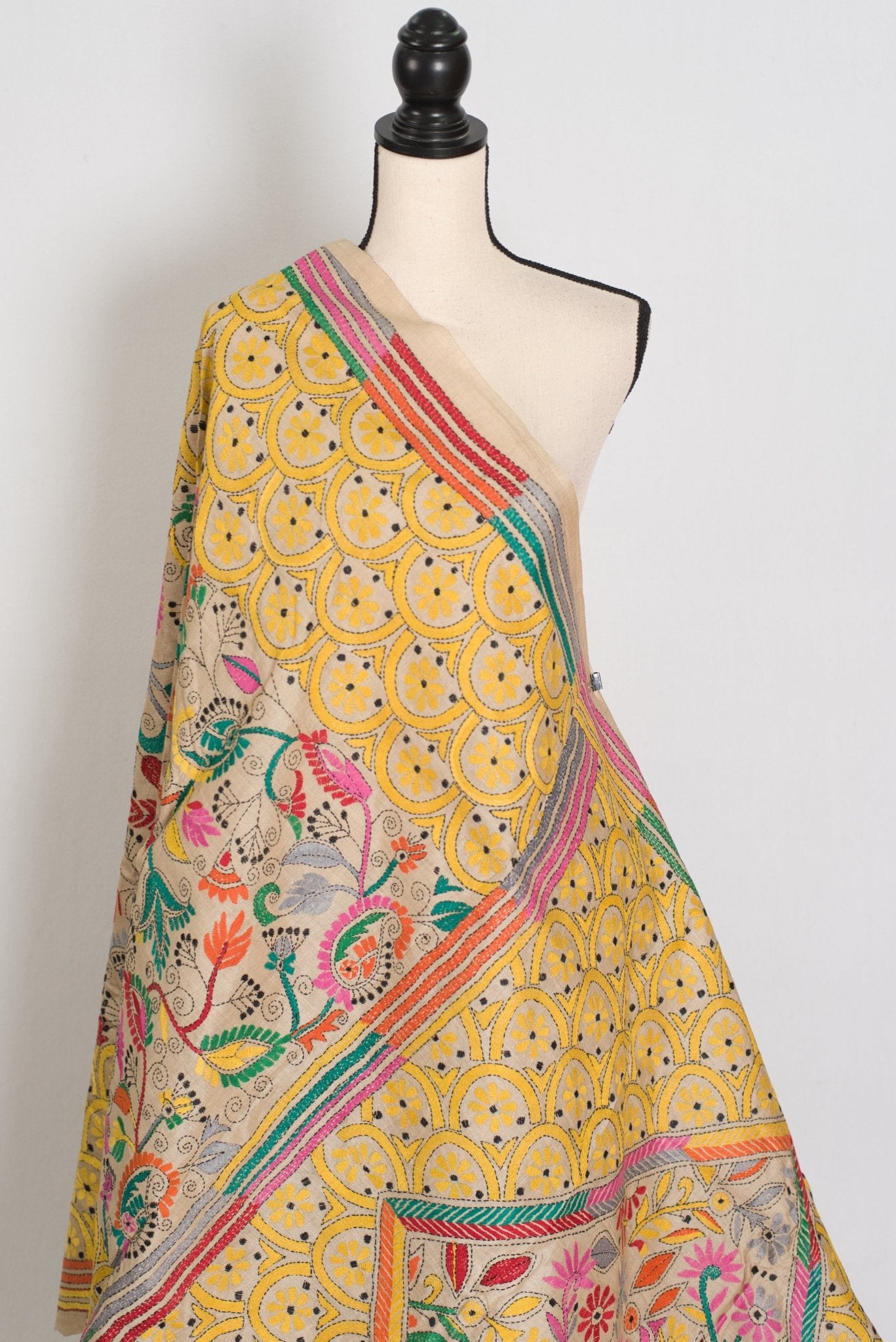 Katha : Silk Mark Pure Tussar Silk Kantha Stitch Saree | Hand Embroidered - Saree Mandi
