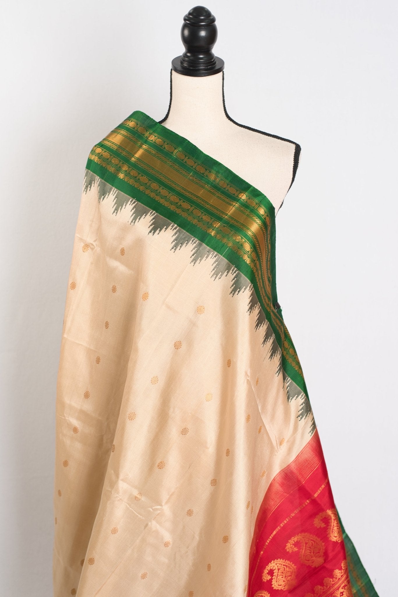 Kavya : Ganga Jamuna Border Gadwal Silk Saree in Beige with Red and Green - Saree Mandi