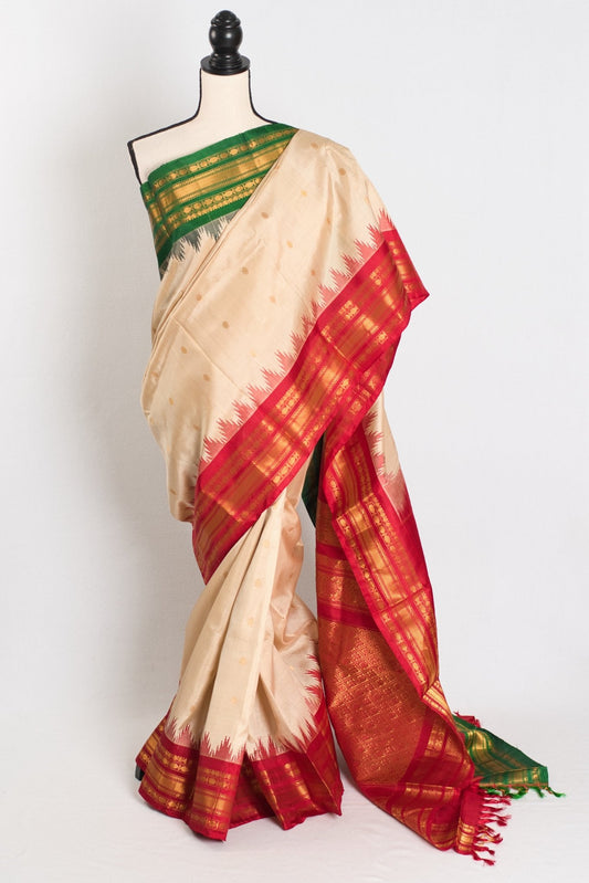 Kavya : Ganga Jamuna Border Gadwal Silk Saree in Beige with Red and Green - Saree Mandi