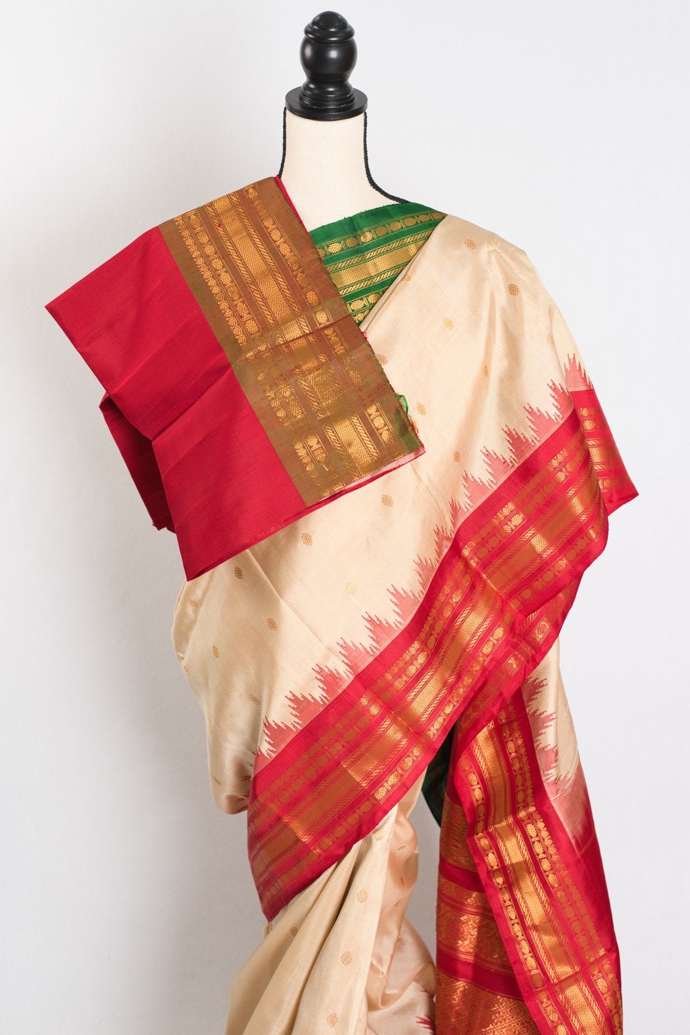 Kavya : Ganga Jamuna Border Gadwal Silk Saree in Beige with Red and Green - Saree Mandi