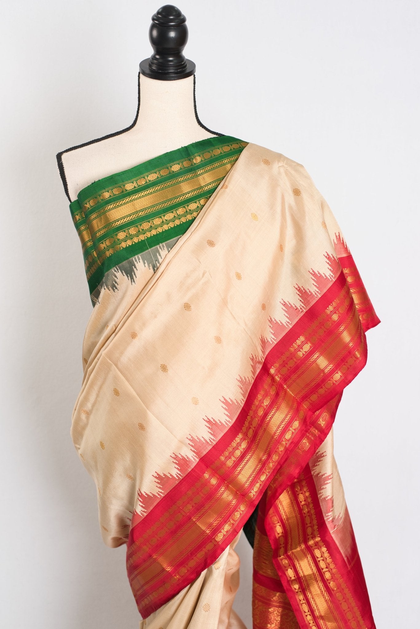 Kavya : Ganga Jamuna Border Gadwal Silk Saree in Beige with Red and Green - Saree Mandi