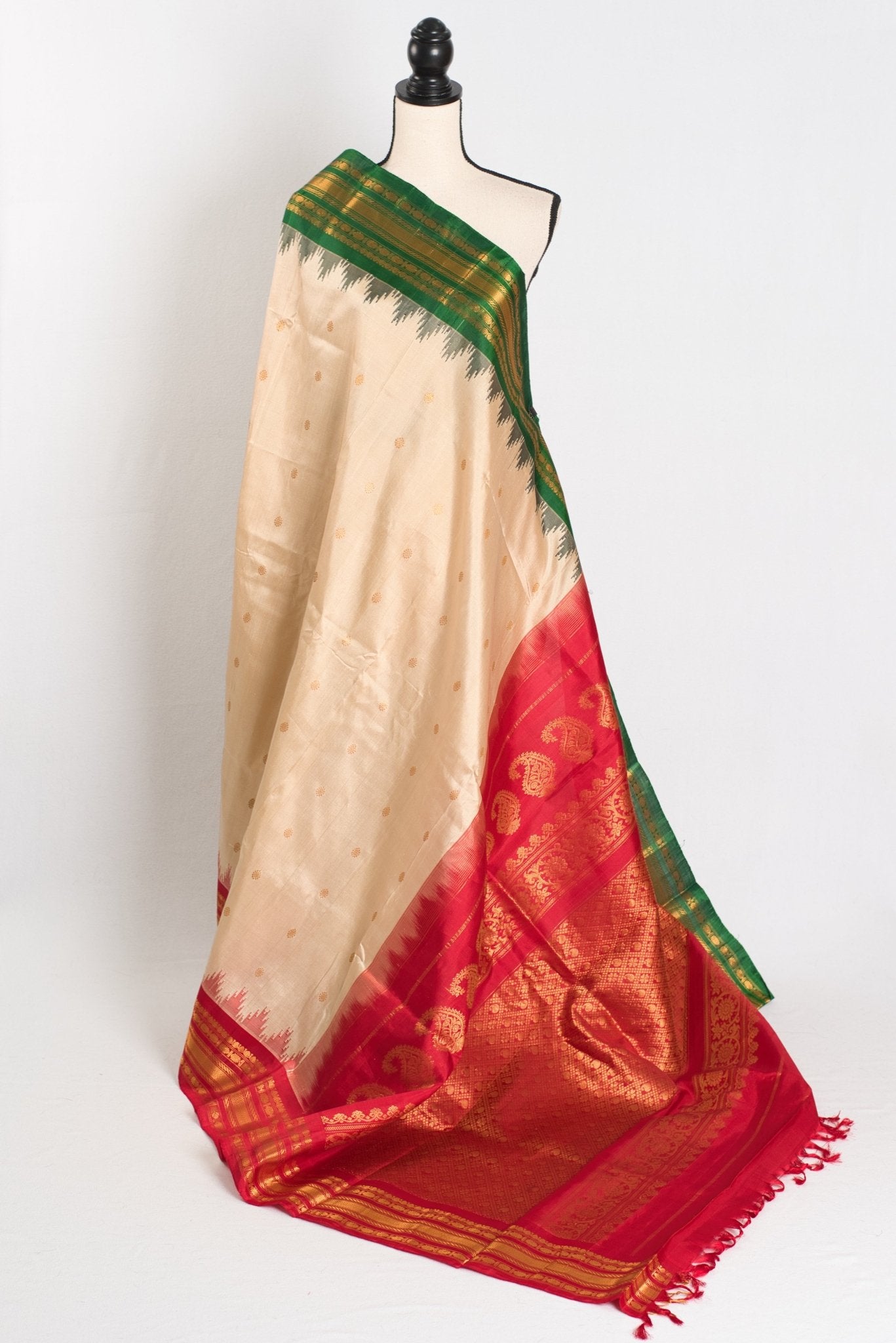 Kavya : Ganga Jamuna Border Gadwal Silk Saree in Beige with Red and Green - Saree Mandi