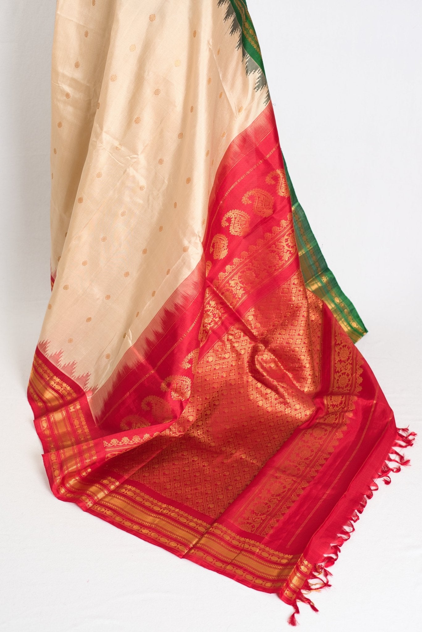 Kavya : Ganga Jamuna Border Gadwal Silk Saree in Beige with Red and Green - Saree Mandi