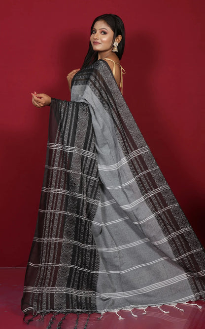 Grey and Black Soft Cotton Saree - Bengali Saree Collection.