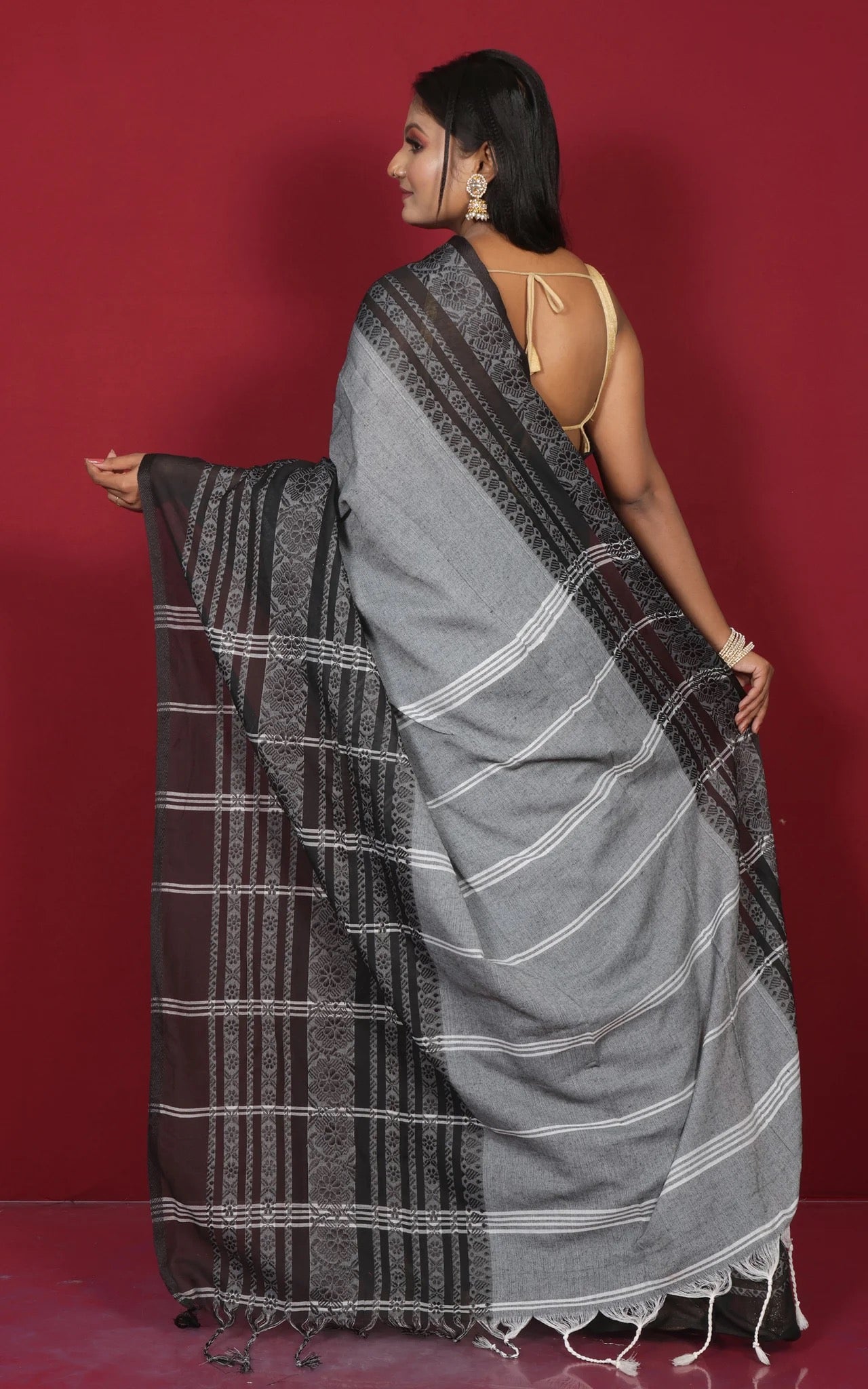 Grey and Black Soft Cotton Saree - Bengali Saree Collection.