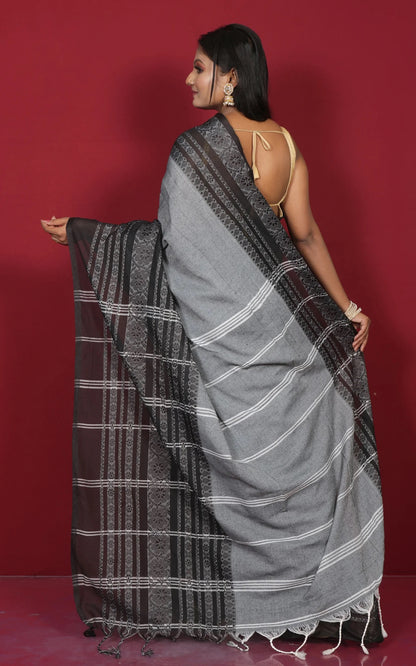 Grey and Black Soft Cotton Saree - Bengali Saree Collection.