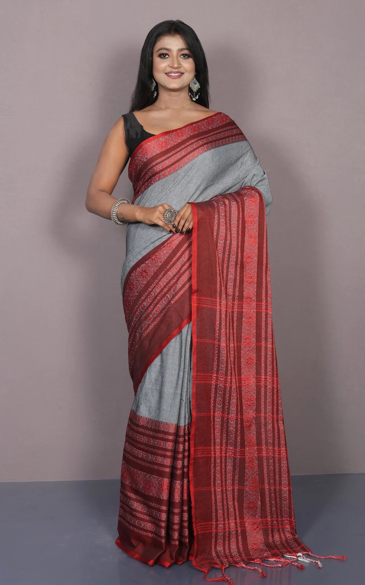 Grey and Rust Soft Cotton Saree - Bengali Saree Collection.