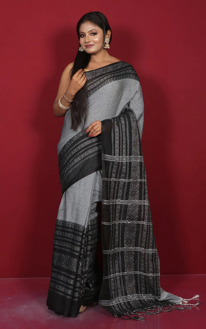 Grey and Black Soft Cotton Saree - Bengali Saree Collection.