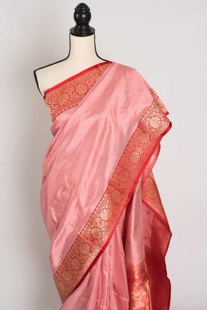 Kripa : Certified Katan Silk Banarasi Saree in Pink and Red - Saree Mandi