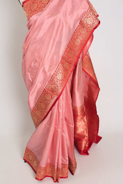 Kripa : Certified Katan Silk Banarasi Saree in Pink and Red - Saree Mandi