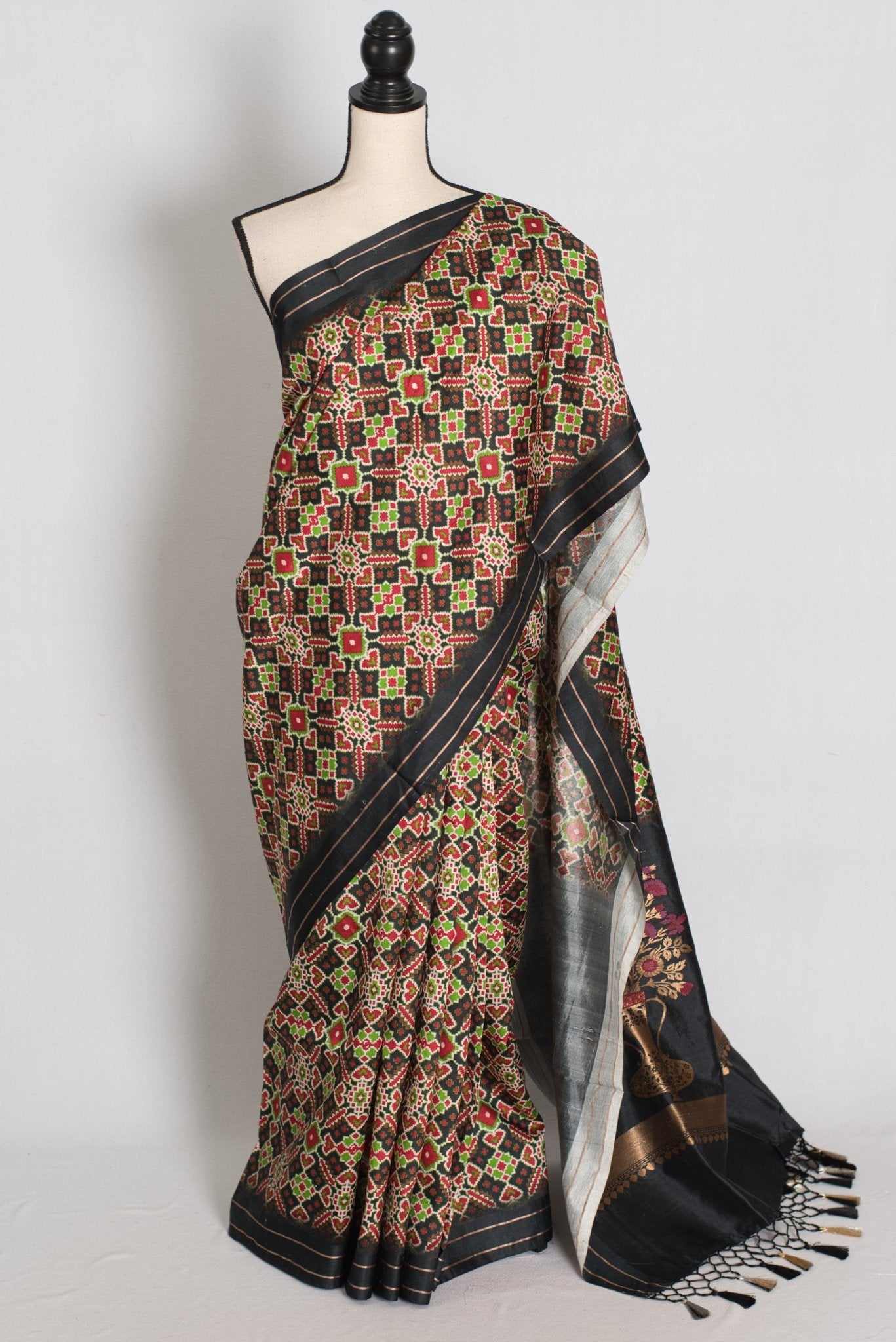 Kriti : Black and Gold Contemporary Ikkat Print Banarasi Katan Silk Saree - Saree Mandi