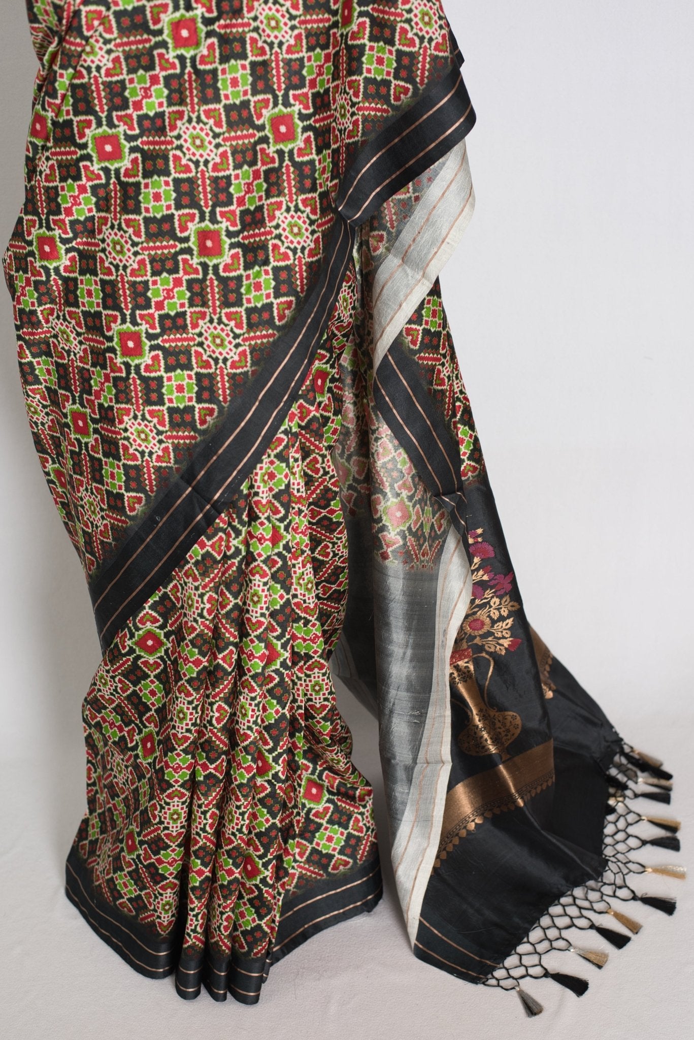 Kriti : Black and Gold Contemporary Ikkat Print Banarasi Katan Silk Saree - Saree Mandi