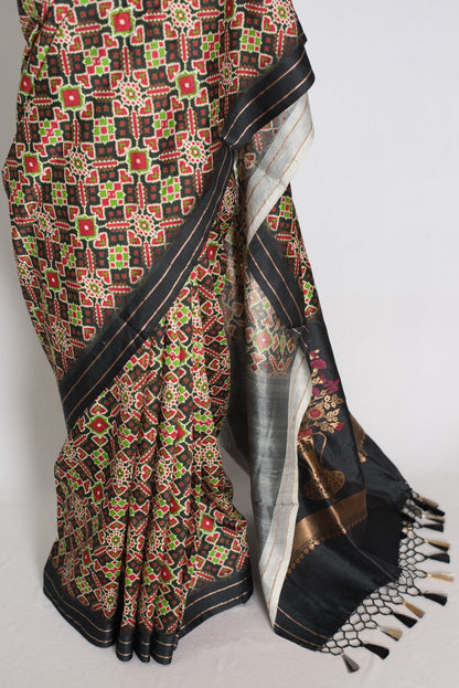 Kriti : Black and Gold Contemporary Ikkat Print Banarasi Katan Silk Saree - Saree Mandi