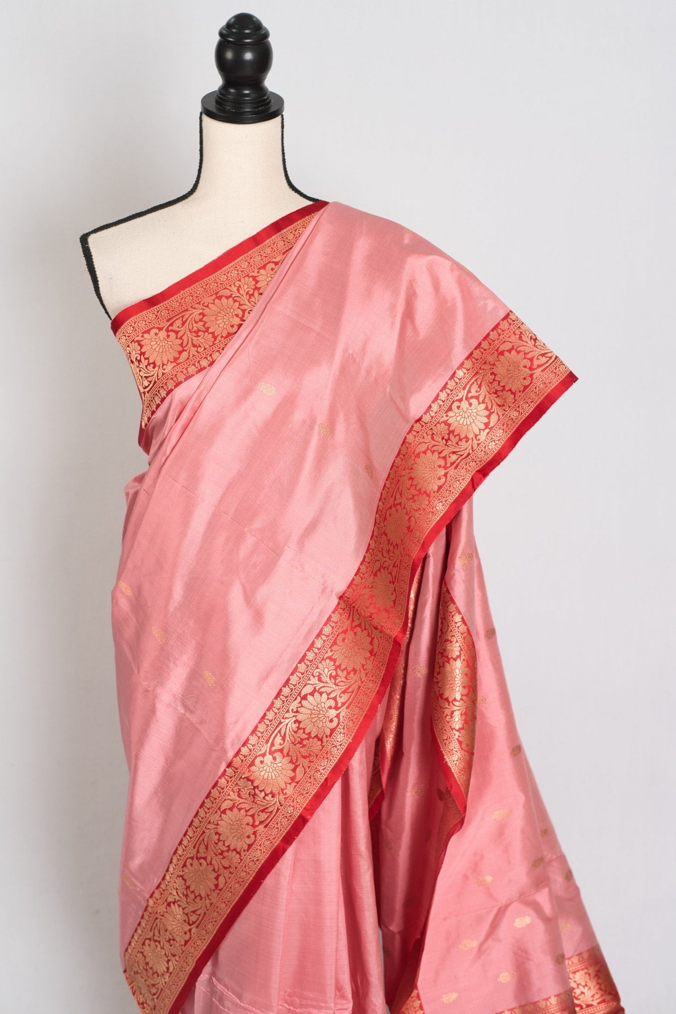 Kusum : Certified Silk Banarasi Saree in Soft Blush Pink and Red - Saree Mandi