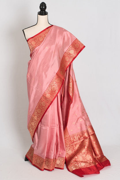 Kusum : Certified Silk Banarasi Saree in Soft Blush Pink and Red - Saree Mandi
