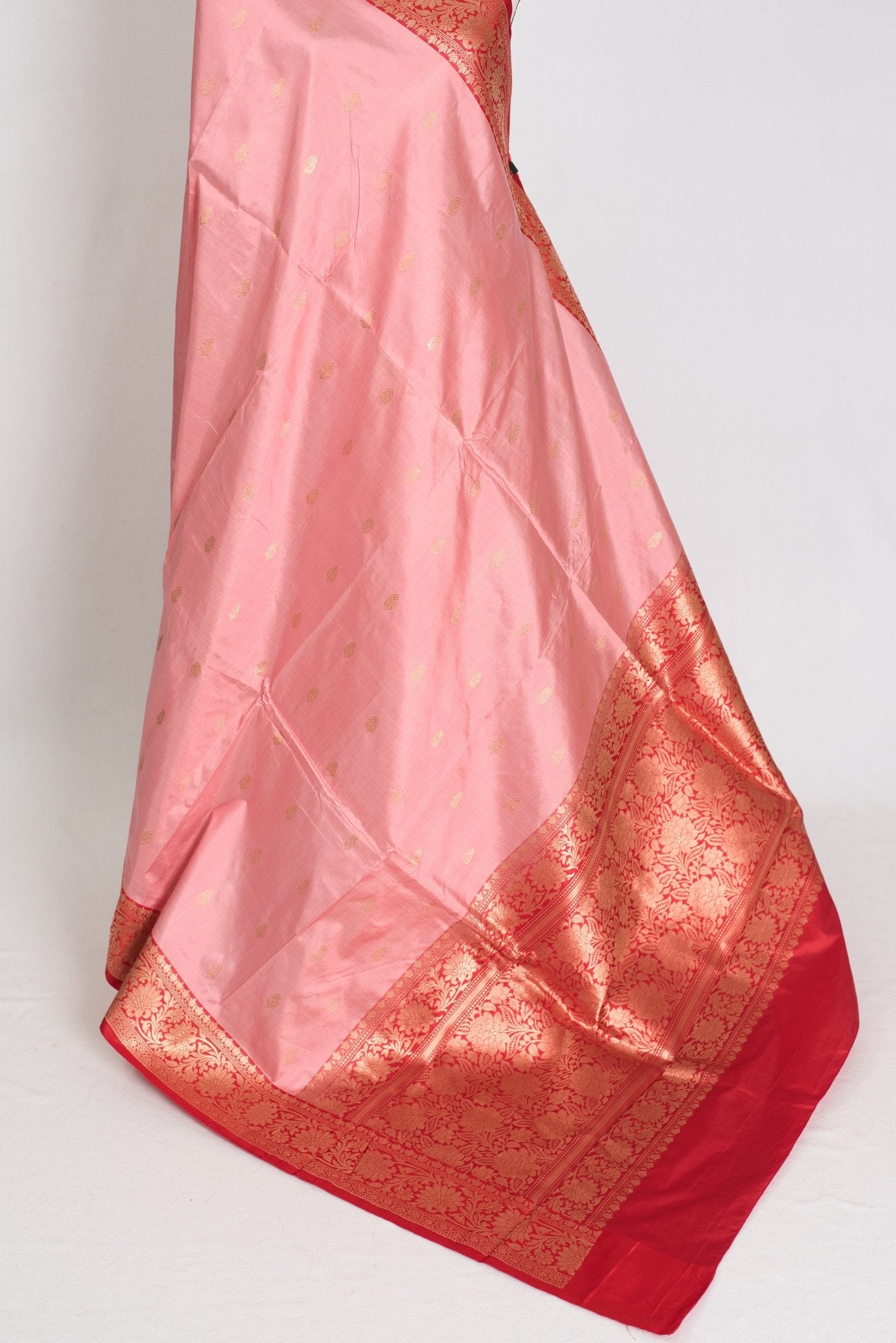 Kusum : Certified Silk Banarasi Saree in Soft Blush Pink and Red - Saree Mandi