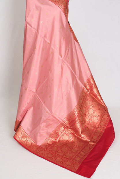 Kusum : Certified Silk Banarasi Saree in Soft Blush Pink and Red - Saree Mandi