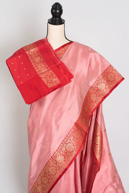 Kusum : Certified Silk Banarasi Saree in Soft Blush Pink and Red - Saree Mandi
