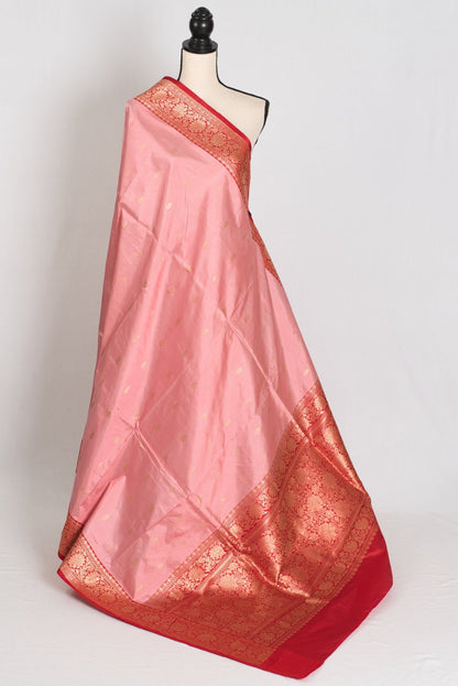 Kusum : Certified Silk Banarasi Saree in Soft Blush Pink and Red - Saree Mandi