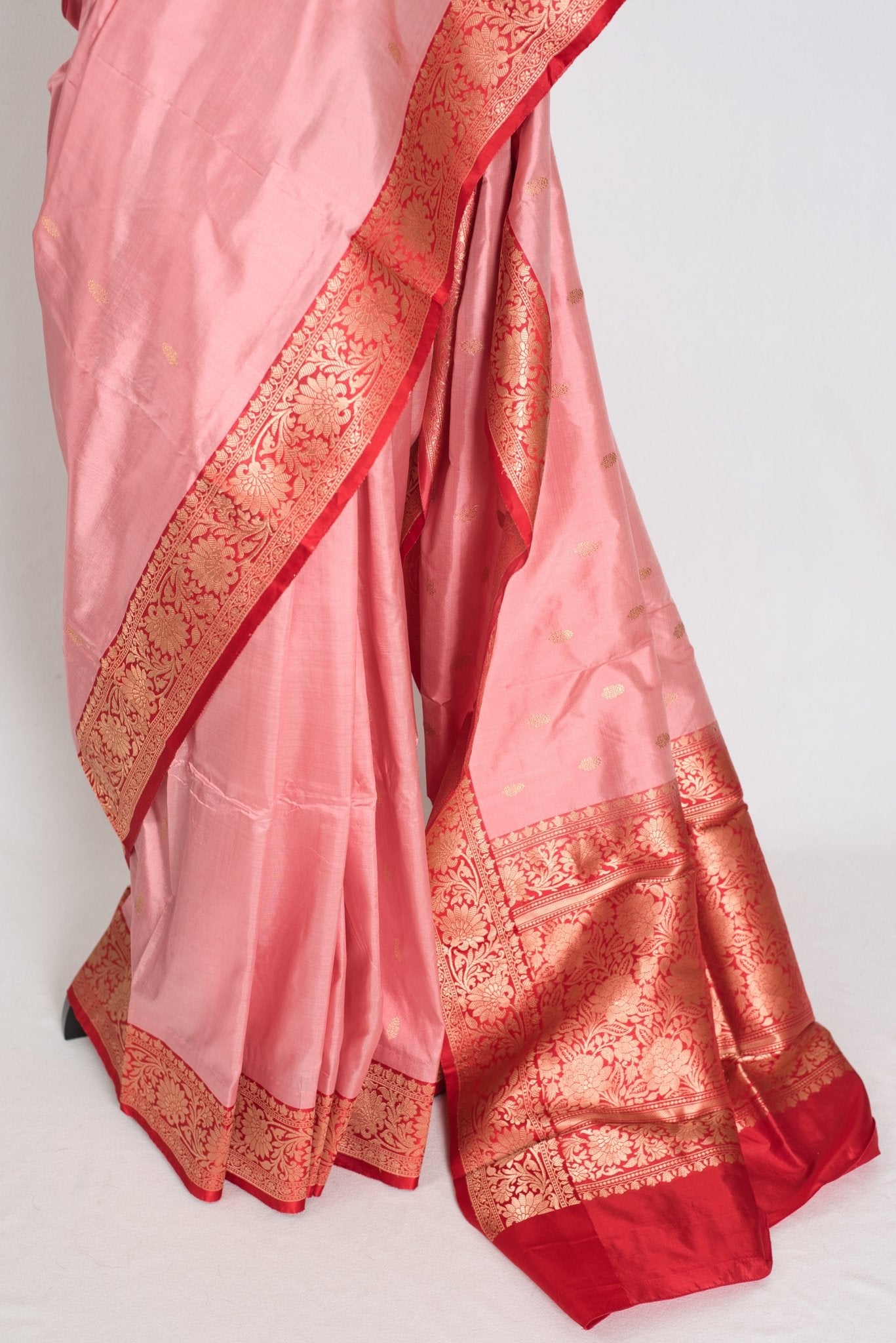 Kusum : Certified Silk Banarasi Saree in Soft Blush Pink and Red - Saree Mandi