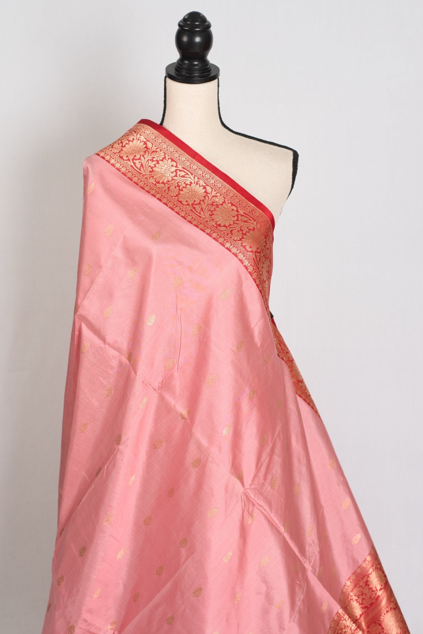 Kusum : Certified Silk Banarasi Saree in Soft Blush Pink and Red - Saree Mandi