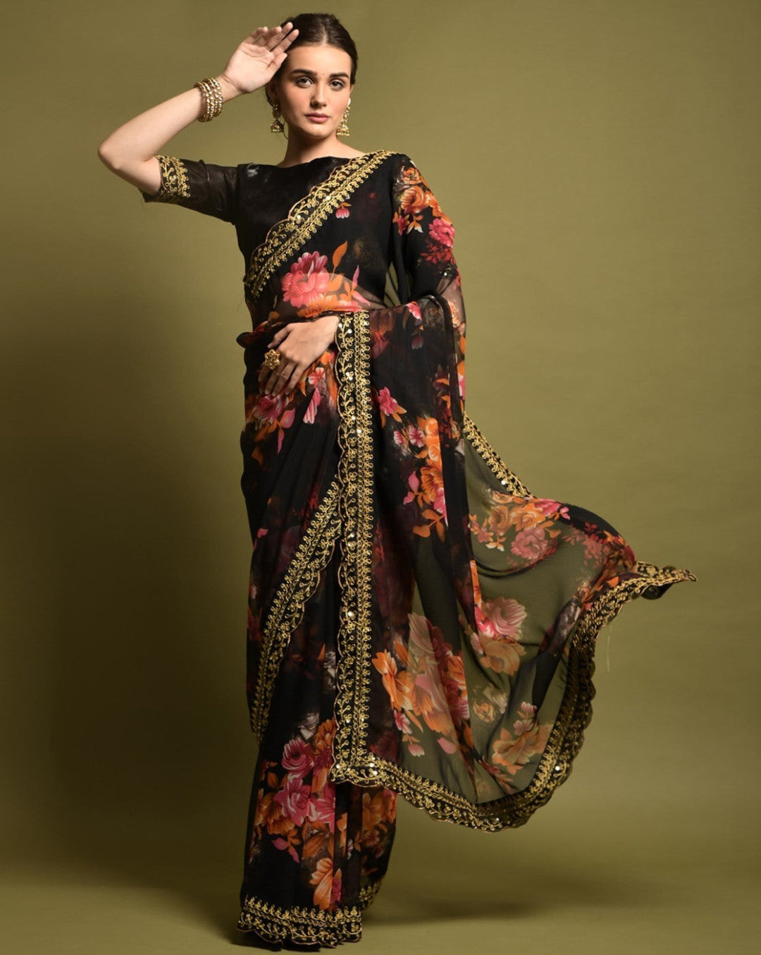 Designer Floral Georgette Partywear Saree in Black.