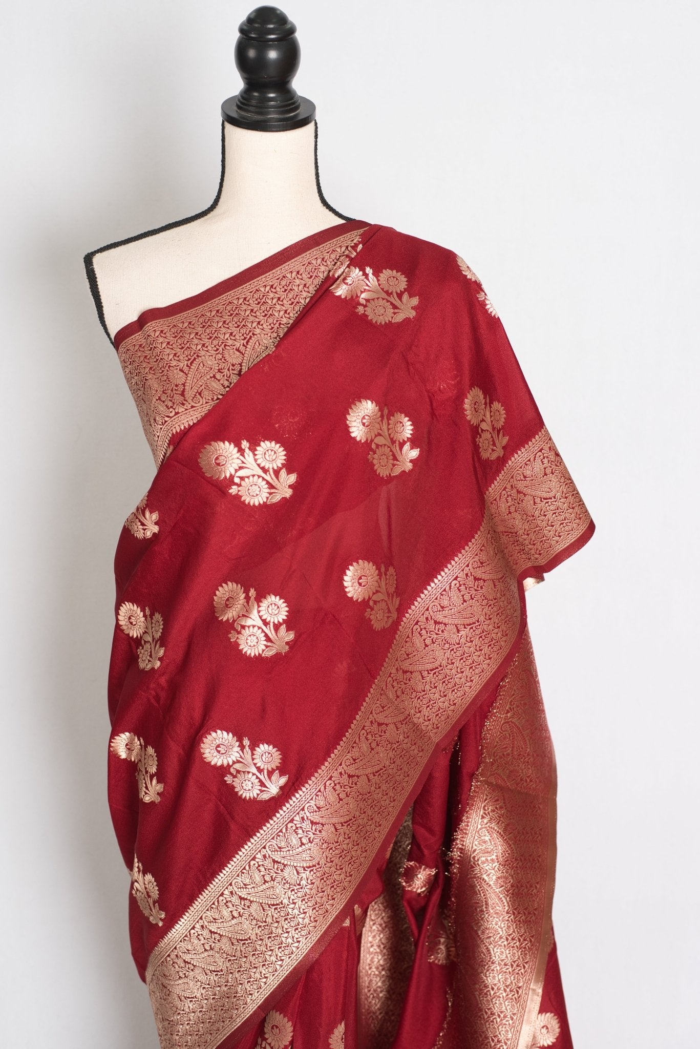Lakshmi : Dark Red Semi Crepe Banarasi Saree with Water Gold Zari - Saree Mandi