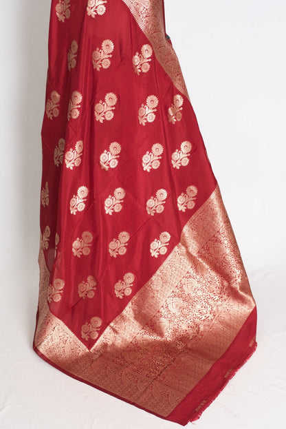 Lakshmi : Dark Red Semi Crepe Banarasi Saree with Water Gold Zari - Saree Mandi