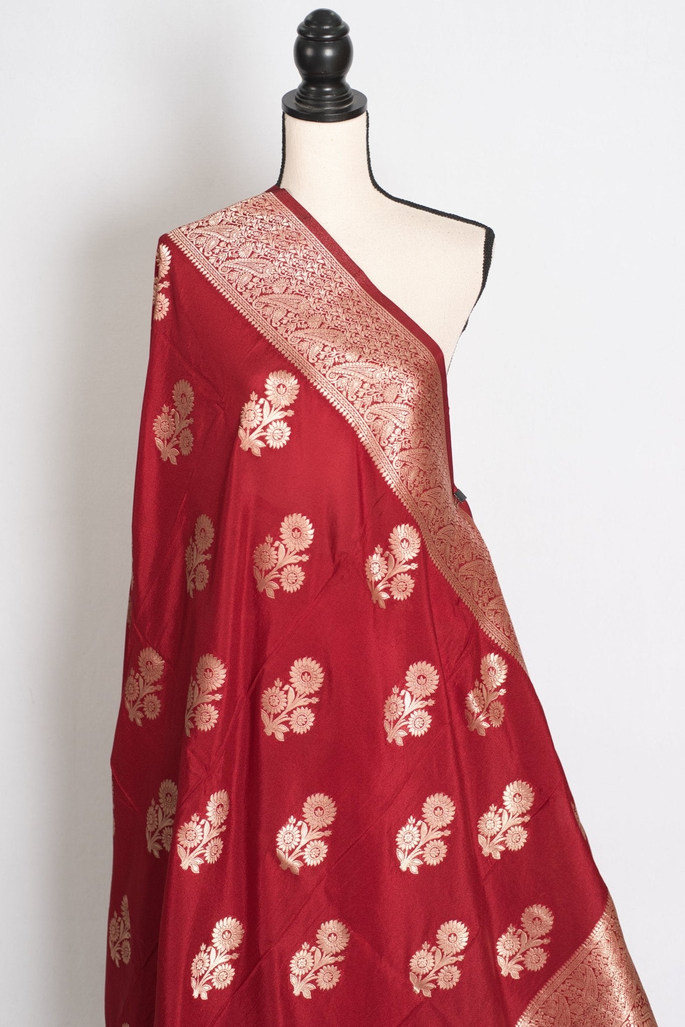 Lakshmi : Dark Red Semi Crepe Banarasi Saree with Water Gold Zari - Saree Mandi