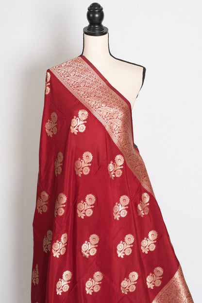 Lakshmi : Dark Red Semi Crepe Banarasi Saree with Water Gold Zari - Saree Mandi
